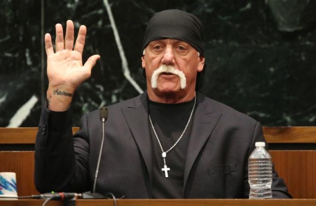 Terry Bollea, aka Hulk Hogan, takes the oath in court during his trial, via Reuters 